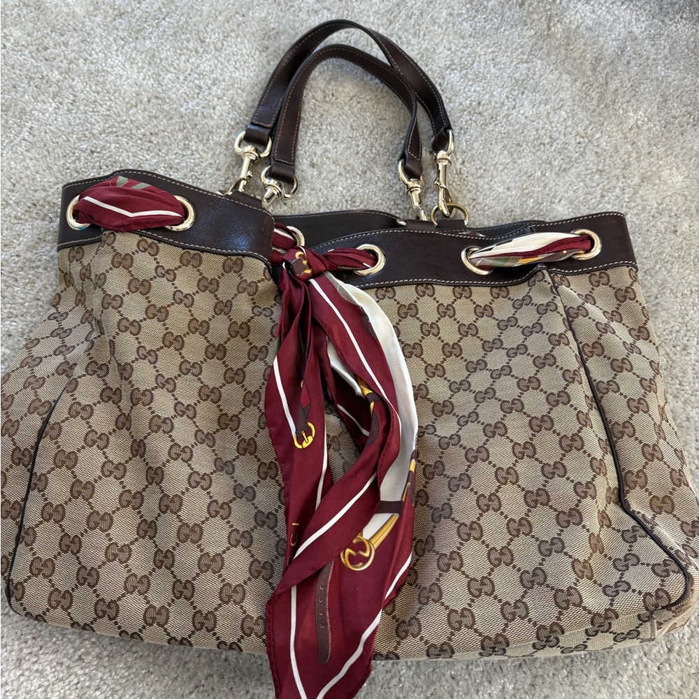 Gucci Beige GG Canvas Tote with Brown Leather Trim and Burgundy Scarf